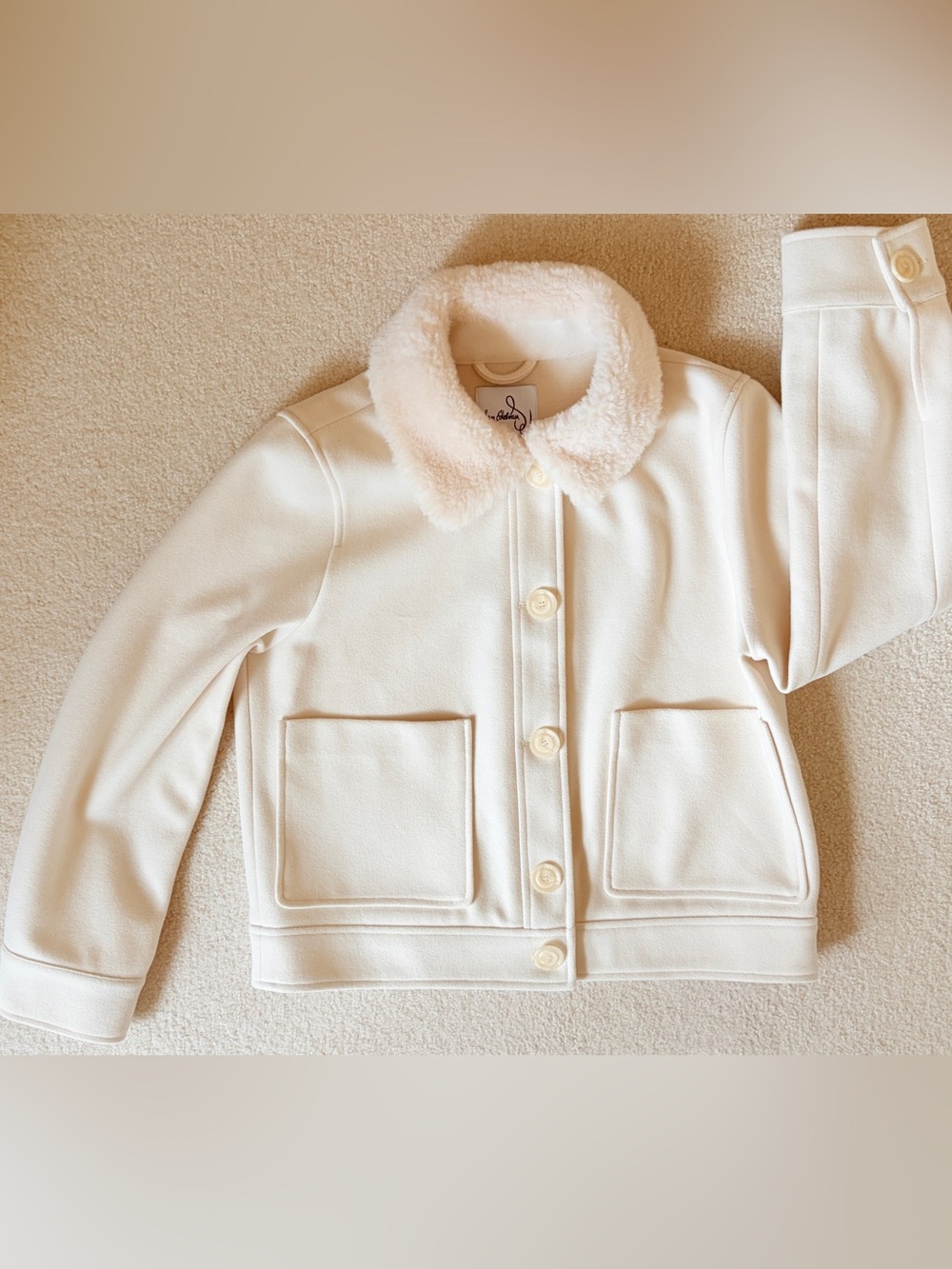 NWT Sam Edelman White Faux Fur Shearling  Collar Trim Short Jacket Cream M - Picture 3 of 14